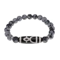 Браслет с бусиной Дзи Кубера и нат.камнем Снежный обсидиан BSDS8-11-14