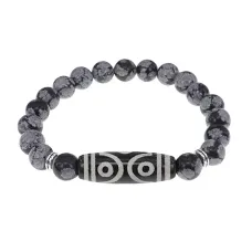 Браслет с 6-глазой бусиной Дзи и нат.камнем Снежный обсидиан BSDS8-12-14