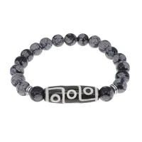 Браслет с 9-глазой бусиной Дзи и нат.камнем Снежный обсидиан BSDS8-15-14