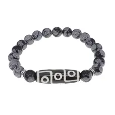Браслет с 9-глазой бусиной Дзи и нат.камнем Снежный обсидиан BSDS8-15-14