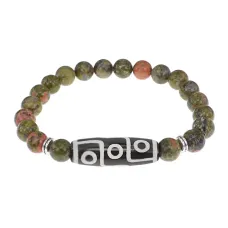 Браслет с 9-глазой бусиной Дзи и нат.камнем Унакит BSDS8-15-20
