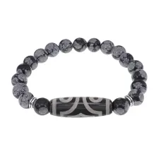 Браслет с 3-глазой бусиной Дзи и нат.камнем Снежный обсидиан BSDS8-17-14