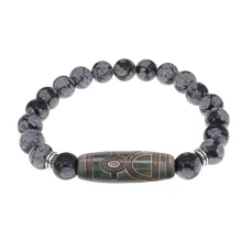 Браслет с бусиной Дзи Кубера и нат. камнем Снежный обсидиан BSDS8-19-14
