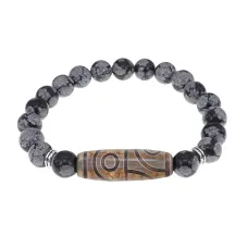 Браслет с 4-глазой бусиной Дзи и нат.камнем Снежный обсидиан BSDS8-21-14
