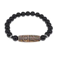 Браслет с 4-глазой бусиной Дзи и нат.камнем Черный агат BSDS8-21-23