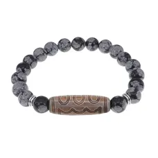 Браслет с 5-глазой бусиной Дзи и нат.камнем Снежный обсидиан BSDS8-22-14