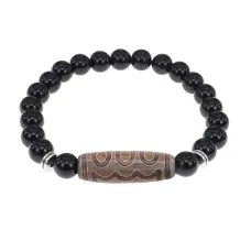 Браслет с 5-глазой бусиной Дзи и нат.камнем Черный агат BSDS8-22-23