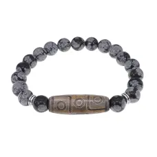 Браслет с 9-глазой бусиной Дзи и нат.камнем Снежный обсидиан BSDS8-23-14