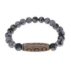 Браслет с 6-глазой бусиной Дзи и нат.камнем Снежный обсидиан BSDS8-24-14