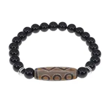Браслет с 6-глазой бусиной Дзи и нат.камнем Черный агат BSDS8-24-23
