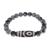 Браслет с 2-глазой бусиной Дзи и нат.камнем Снежный обсидиан BSDS8-26-14