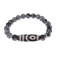 Браслет с 2-глазой бусиной Дзи и нат.камнем Снежный обсидиан BSDS8-26-14