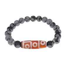 Браслет с 9-глазой бусиной Дзи и нат.камнем Снежный обсидиан BSDS8-27-14