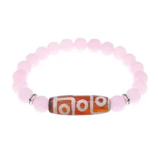 Браслет с 9-глазой бусиной Дзи и нат. камнем Розовый кварц BSDS8-27-15