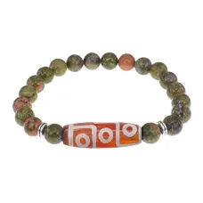 Браслет с 9-глазой бусиной Дзи и нат.камнем Унакит BSDS8-27-20