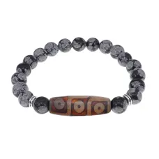 Браслет с 9-глазой бусиной Дзи и нат.камнем Снежный обсидиан BSDS8-28-14