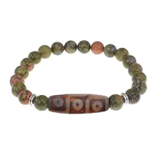 Браслет с 9-глазой бусиной Дзи и нат.камнем Унакит BSDS8-28-20