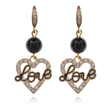 Серьги с подвеской Сердце Love, нат.камень Черный агат 7мм SEC-09-01