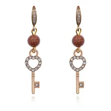 Серьги с подвеской Ключ Сердце, синт.камень Корич. Авантюрин 6мм SEC-09-07