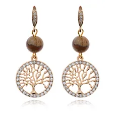 Серьги с подвеской Дерево жизни, нат.камень Песочная Яшма 8мм SEC-09-08