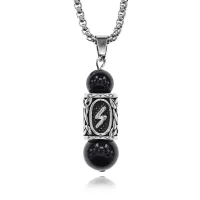 Кулон-амулет с руной Сила из нержавеющей стали, Черный агат KULC-16