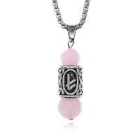 Кулон-амулет с руной Берегиня из нержавеющей стали, Розовый кварц KULC-19