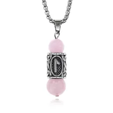 Кулон-амулет с руной Леля из нержавеющей стали, Розовый кварц KULC-24