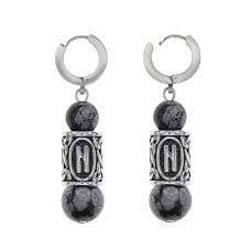 Серьги-амулеты с руной из нержавеющей стали Хагалаз, Обсидиан SERX01-08