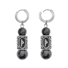 Серьги-амулеты с руной из нерж.стали Турисаз, Обсидиан SERX01-17