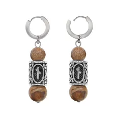 Серьги-амулеты с руной из нержавеющей стали Наутиз, Яшма песочная SERX01-29