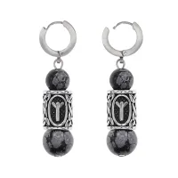 Серьги-амулеты с руной из нержавеющей стали Мир, Обсидиан SERX02-01