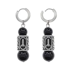 Серьги-амулеты с руной из нержавеющей стали Чернобог, Черный агат SERX02-03