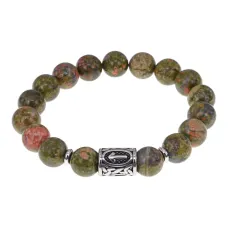 Браслет с руной Треба, нерж. сталь, Унакит 10мм BSRNX10-07-02