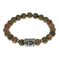Браслет с руной Треба, нерж. сталь, Унакит 8мм BSRNX8-07-02