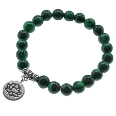 Браслет из синтетического камня малахит 8мм с подвеской Лотос 14мм BJBS-172-1
