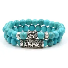 Двойной браслет Будда из камня Бирюза (синт.) 8мм BJBS-114