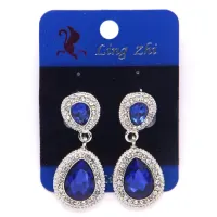 Серьги Капли 4,2см, металл, стразы, серебр. - син. SE016S-B