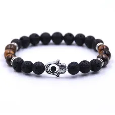 Браслет Хамса, лава, тигровый глаз 8мм, цвет серебр.