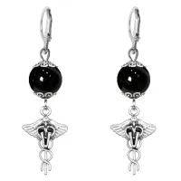 Серьги-амулеты Кадуцей (здоровье, бизнес, гармония), черный агат SE-MKA33-33