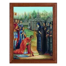 Постер в рамке 17х22см Сергий Радонежский благословляет Дмитрия Донского на Куликовскую битву POSV-0134