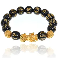 Браслет Пи Щу с мантрами 12мм, черно-золотой BS404-3