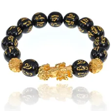 Браслет Пи Щу с мантрами 12мм, черно-золотой BS404-3