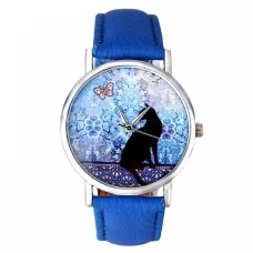 Часы наручные Кошка с синим ремешком WA066