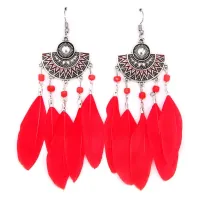 Красные серьги с перьями 9см SE029-2