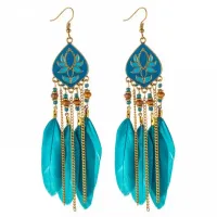 Серьги с перьями Лотос 11см сине-зеленые SE112-2