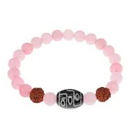Браслет с 9-глазой Дзи, нат. рудракшей и синт. камнем Розовый кварц BSDR-01-15