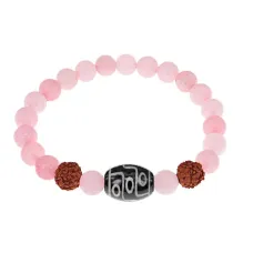 Браслет с 9-глазой Дзи, нат. рудракшей и синт. камнем Розовый кварц BSDR-01-15