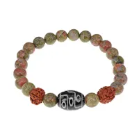 Браслет с 9-глазой Дзи, нат. рудракшей и синт. камнем Унакит BSDR-01-20