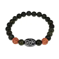 Браслет с 9-глазой Дзи, нат. рудракшей и синт. камнем Змеевик BSDR-01-27