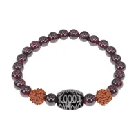 Браслет с 21-глазой Дзи, нат. рудракшей и синт. камнем Гранат BSDR-02-06